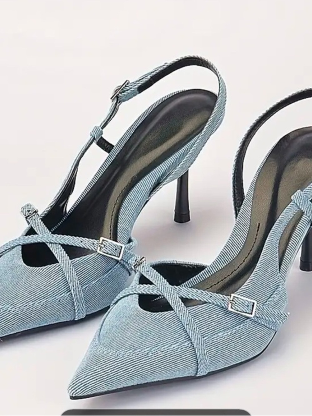 Pointed Denim Slingback Heels in Light Blue